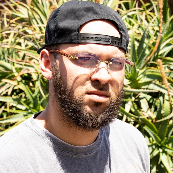 Men's Gold Frame Rimless Geometric Clear Lens Hip Hop Fashion Woodgrain Glasses - Picture 5 of 5